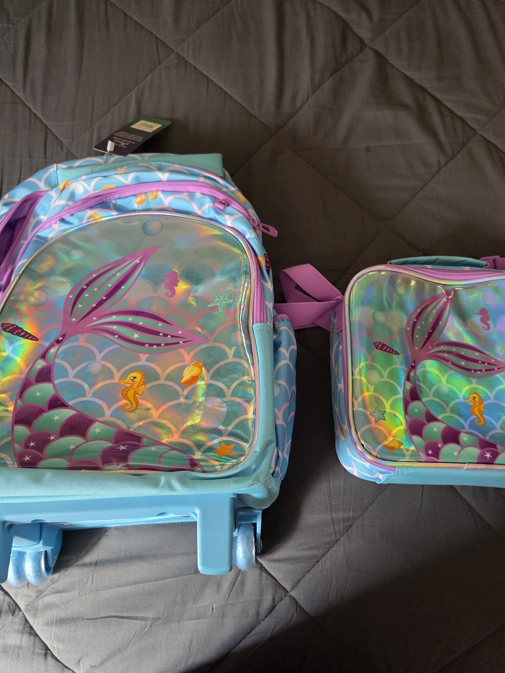 Holographic Mermaid Kids Rolling Backpack & Lunchbox - Turquoise & Purple